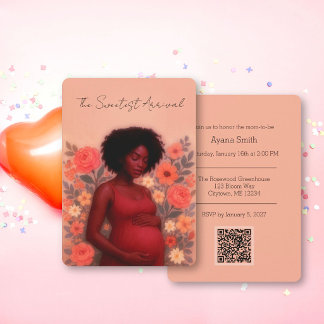 Schwarze schwangere Frau QR-Code Baby Shower, Flor Einladung