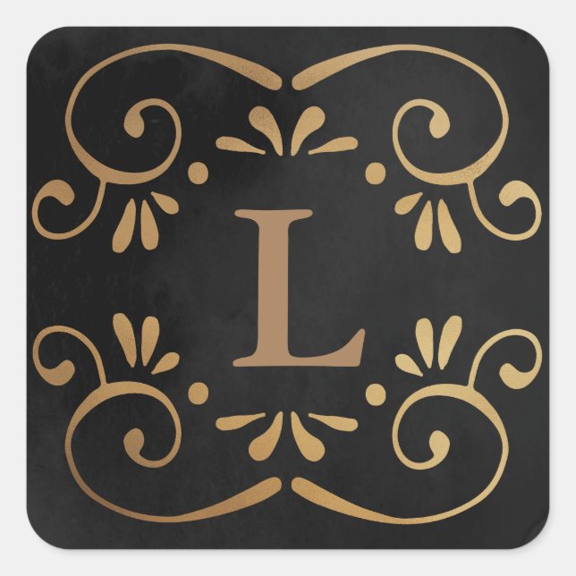 Schwarze Seidengoldfolie geblüht Monogramm Quadratischer Aufkleber (Vorderseite)