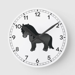 Schwarze Shetland Pony Niedlicher Cartoon Illustra Runde Wanduhr