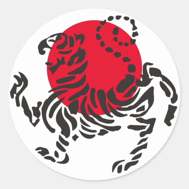 Schwarze Shotokan Tiger steigt Sonne Runder Aufkleber (Vorderseite)