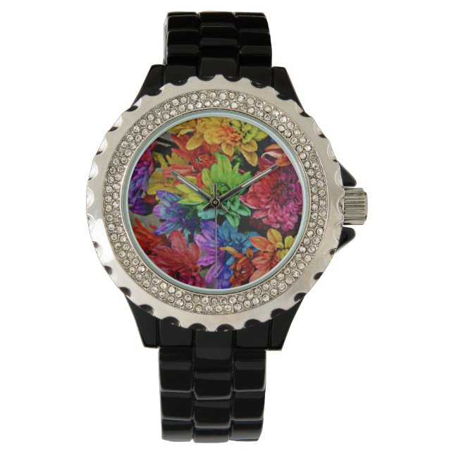 Schwarze Sicht mit mehrfarbigen Blume Armbanduhr (Vorderseite)
