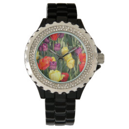 Schwarze Sicht mit mehrfarbigen Tulips Armbanduhr