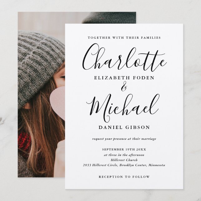 Schwarze Signatur Script Rustic Kraft Foto Hochzei Einladung (Vorne/Hinten)