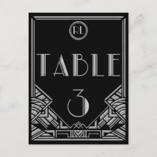 Schwarze Silber Art Deco Gatsby Stil Tisch Nummer Postkarte