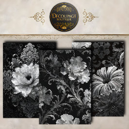 Schwarze Silber Barock Blumen Dekupage Sammlung Geschenkpapier Set