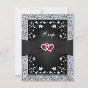 Schwarze Silber Blumen Rot Herzen FAUX Folie RSVP  Karte