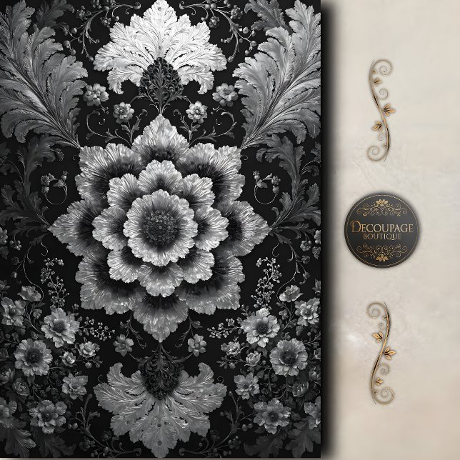 Schwarze Silber-Blumendamaskendekoupage Seidenpapier (Black Silver Floral Damask Decoupage Tissue Paper)