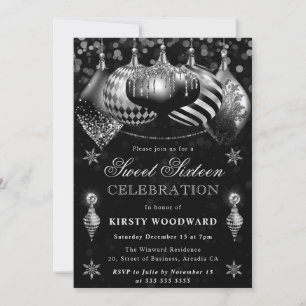 Schwarze Silber Glitter Kugeln Weihnachten Sweet 1 Einladung