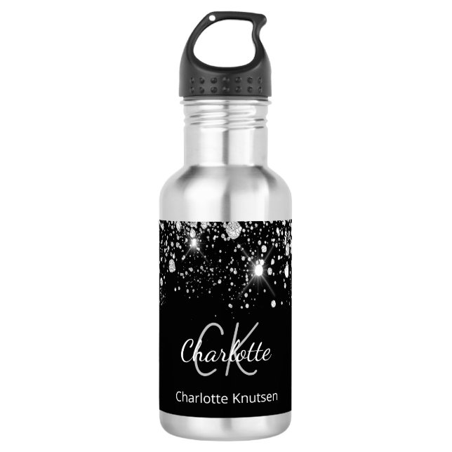 Schwarze Silber-Glitter-Monogramm-Initialen Name  Edelstahlflasche (Vorderseite)