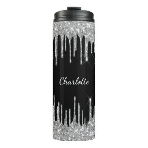 Schwarze Silber-Glittertropfen individuelle Initia Thermosbecher