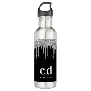 Schwarze Silber-Glittertropfen-Monogramm-Funkeln Edelstahlflasche