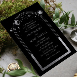 Schwarze Silber-Himmels-Sonne-Mond-Foto-Hochzeit Einladung