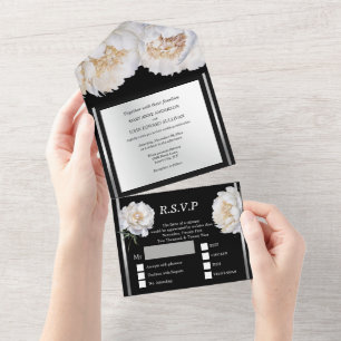Schwarze Silber-Pfingstrose Blumen Hochzeit luxuri All In One Einladung