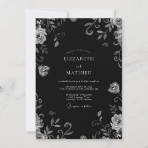 Schwarze Silber-Scroll-Eukalyptus-Hochzeit Einladung