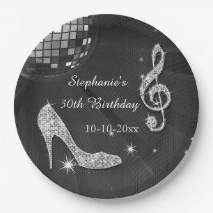 Schwarze/silberne Disco-Kugel und High Heels 30. G Pappteller
