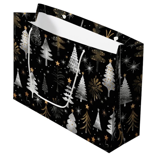 Schwarze, Silberne und goldene Weihnachtsbaumen Große Geschenktüte (Vorderseite Schrägansicht)