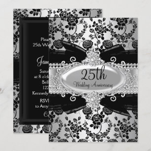 Schwarze Silberrose & Juwel 25. Jubiläums-Einladun Einladung