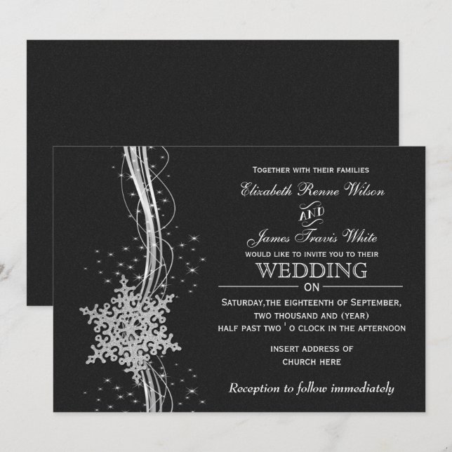 Schwarze Silberschneeflocken Winterhochzeit Einlad Einladung (Vorne/Hinten)