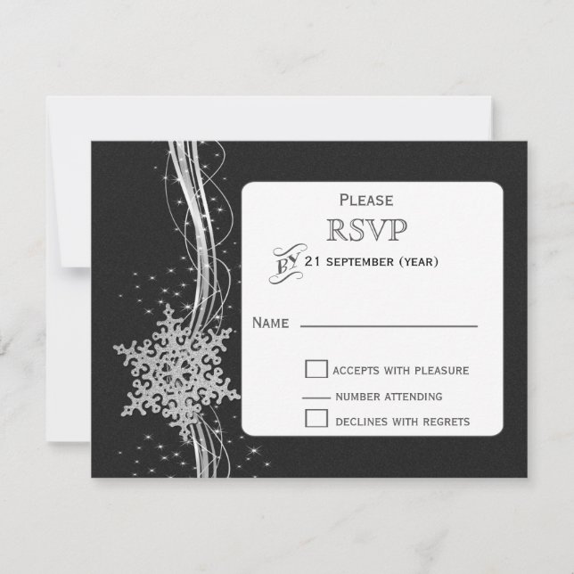 Schwarze Silberschneeflocken Winterhochzeit UAWG RSVP Karte (Vorderseite)