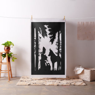 Schwarze Silhouette auf dem Weißroten Reitstelwolf Stoff