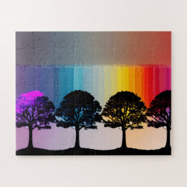 Schwarze Silhouette Bäume Lila Blätter Regenbogenz