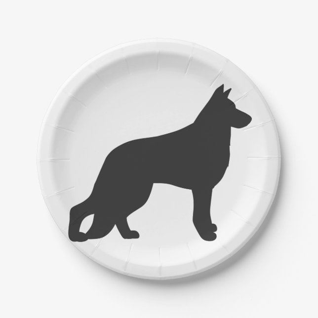 Schwarze Silhouette des deutschen Schäferhundes Pappteller (Vorderseite)