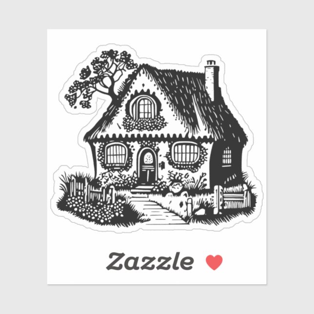 Schwarze Silhouette Gemütliches Land Hütte Sketch Aufkleber (Blatt)