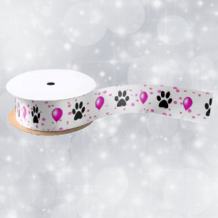Schwarze Silhouette Katzenpaw druckt rosa Balloons Satinband