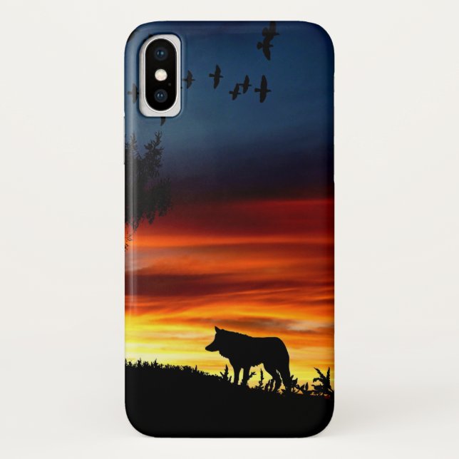 Schwarze Silhouette von Wolf, Vögeln und Baum im S Case-Mate iPhone Hülle (Rückseite)