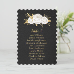 Schwarze Sitzkarte mit weißer goldener Blume Einladung