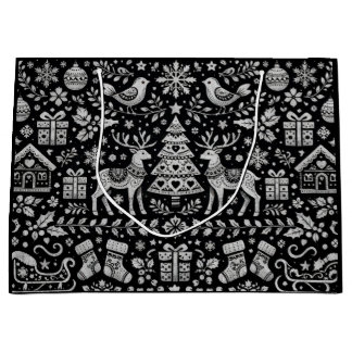 SCHWARZE SKANDINAVISCHE MUSTER WEIHNACHTS-GESCHENK GROßE GESCHENKTÜTE