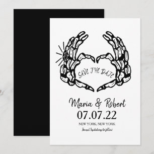Schwarze Skeletthand-Herz-Hochzeitsringe Doodle Einladung