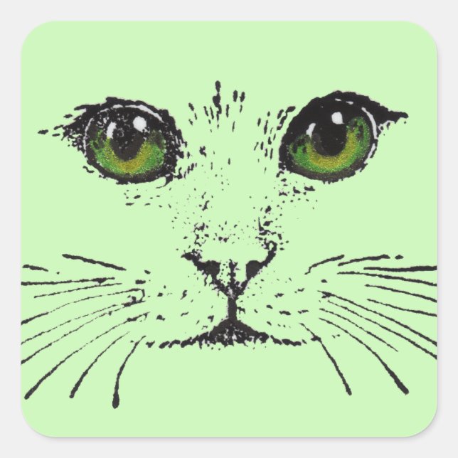 Schwarze Skizze des Katzengesichts intensive grüne Quadratischer Aufkleber (Vorderseite)