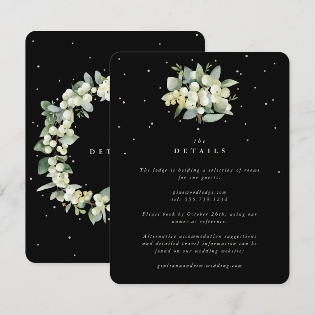 Schwarze Snowberry+Eukalyptus Bouquet Hochzeitdeta Begleitkarte (Vorne/Hinten)