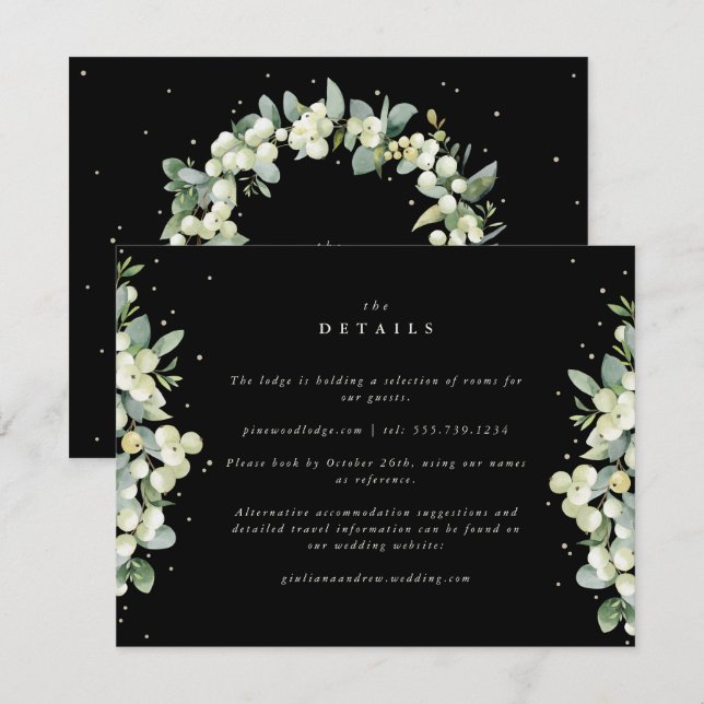 Schwarze Snowberry+Eukalyptus Ewedding Details Begleitkarte (Vorne/Hinten)