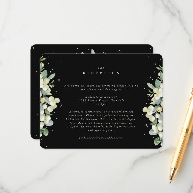 Schwarze Snowberry+Eukalyptus-Hochzeitsempfang Begleitkarte (Vorderseite/Rückseite Beispiel)