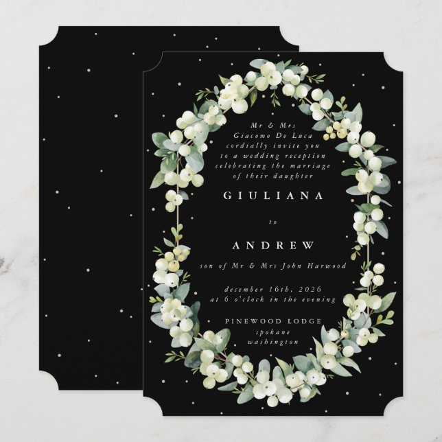 Schwarze Snowberry+Eukalyptus Hochzeitsempfang nur Einladung (Vorne/Hinten)