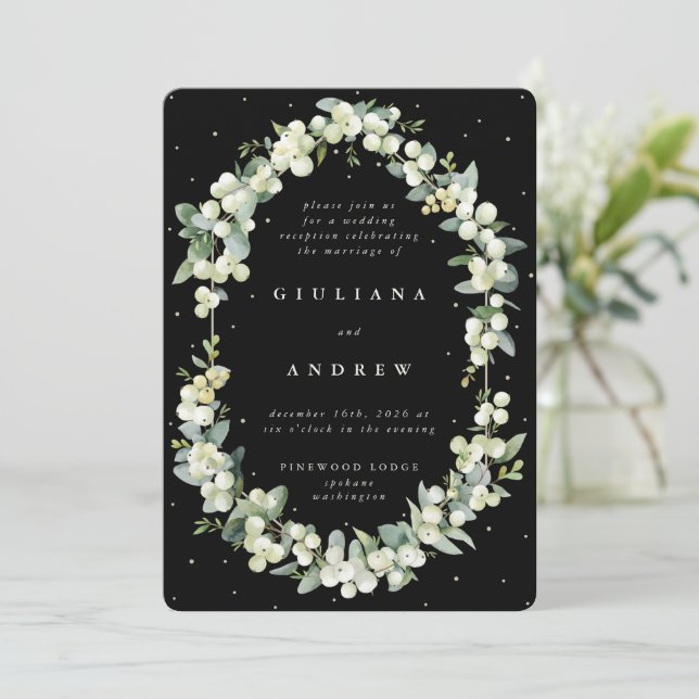 Schwarze Snowberry+Eukalyptus Hochzeitsempfang nur Einladung (Stehend Vorderseite)