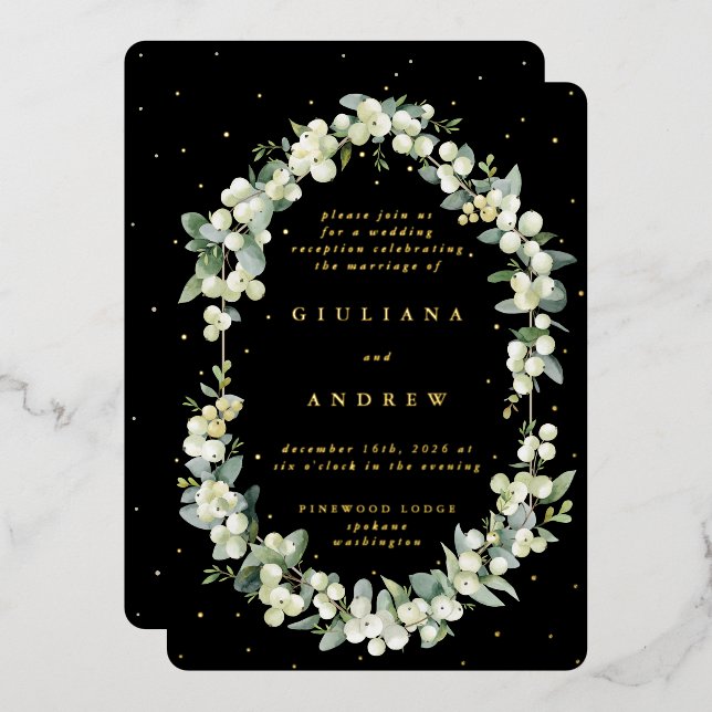 Schwarze Snowberry+Eukalyptus Hochzeitsempfang nur Folieneinladung (Vorderseite/Rückseite)