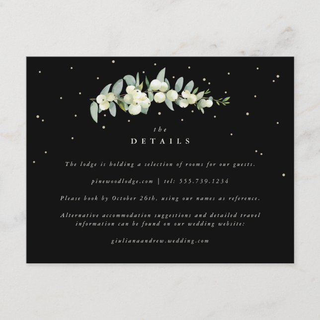 Schwarze Snowberry+Eukalyptus Stem Hochzeitdetails Begleitkarte (Vorderseite)