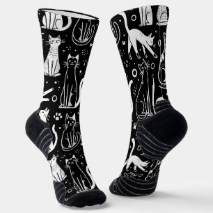 Schwarze Socken mit weißem Katzenmuster Chic
