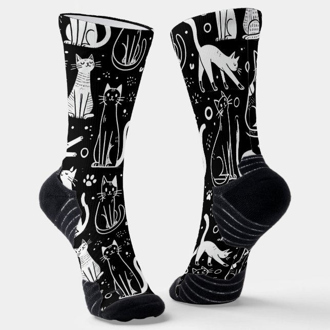 Schwarze Socken mit weißem Katzenmuster Chic (Gewinkelt)