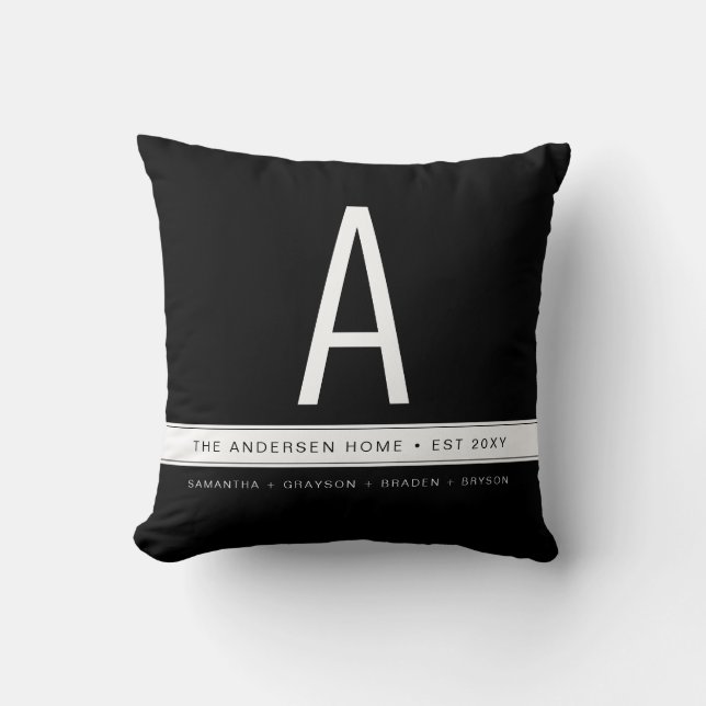 Schwarze Solid Color Moderne Monogram-Familienname Kissen (Vorderseite)