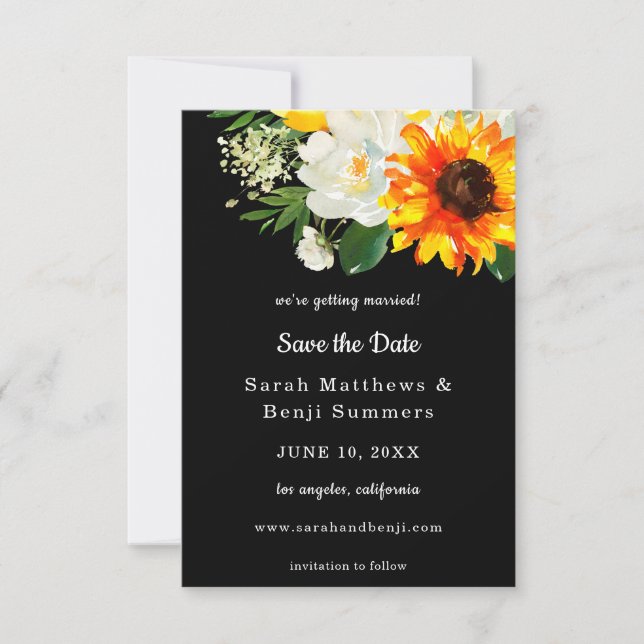 Schwarze Sonnenblumen und Weiße Blüte Save the Dat Date (Vorderseite)