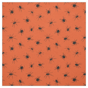 Schwarze Spinnen, Gemustert auf Orange Halloween Stoff