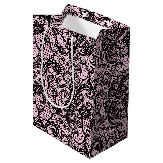 Schwarze Spitze auf rosa Mittlere Geschenktüte (Rückseite Schrägansicht)