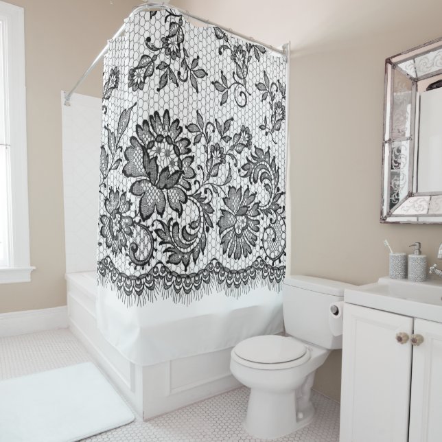 Schwarze Spitze auf Weiß Duschvorhang (Beispiel)