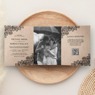 Schwarze Spitze Jute Foto QR-Code Hochzeit Dreifach Gefaltete Einladung