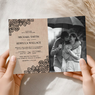 Schwarze Spitze Jute Foto QR-Code Hochzeit Einladung