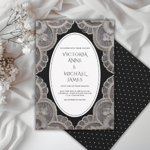Schwarze Spitze Whimsical Vintage Hochzeit Einladung